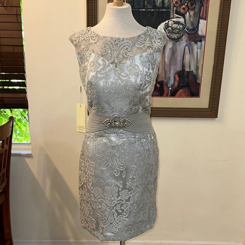 Jaeden Dress Elegant Silver Lace/Crystal Formal w/ Sheer Cover Size 12 (NWT)